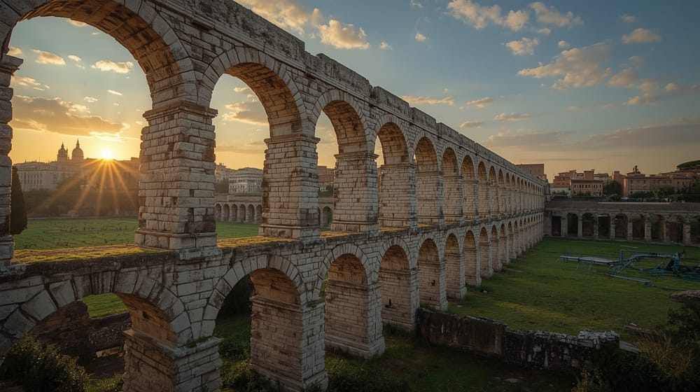 Arcate monumentali di un antico acquedotto romano in un paesaggio urbano moderno.