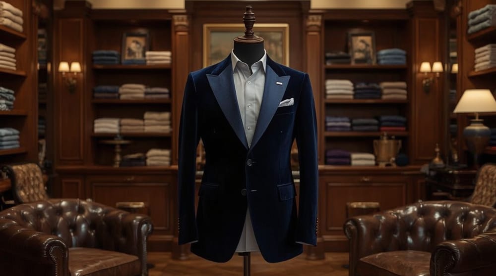 Smoking in velluto blu notte con revers in raso su manichino, in un’elegante sartoria di Savile Row.