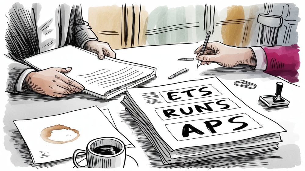 Illustrazione in stile sketch: su un tavolo, due persone (solo le mani visibili) si scambiano documenti e prendono appunti.