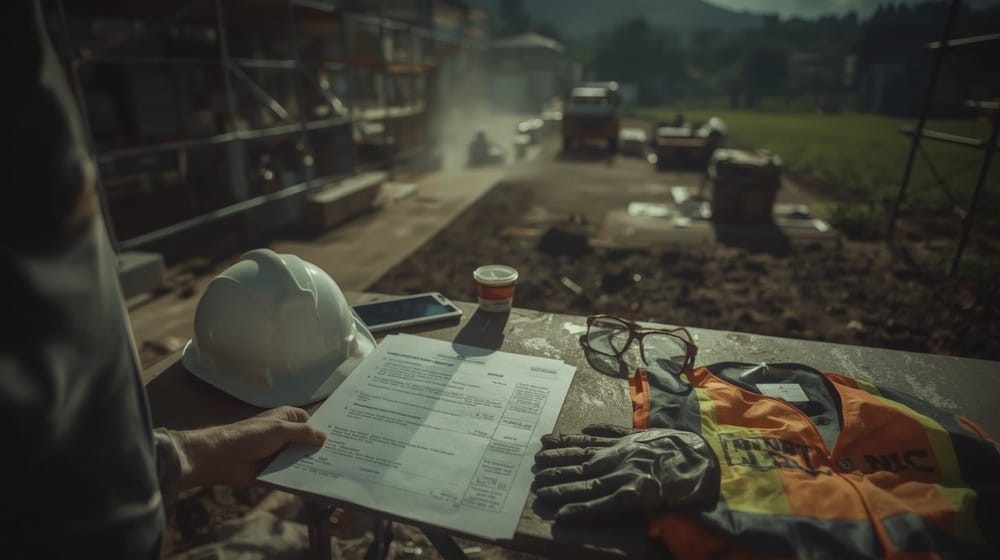 Foto in un cantiere: su un tavolo ci sono un casco, un gilet ad alta visibilità, guanti e un foglio di controllo tenuto in mano; sullo sfondo ponteggi e area di lavoro sfocata.