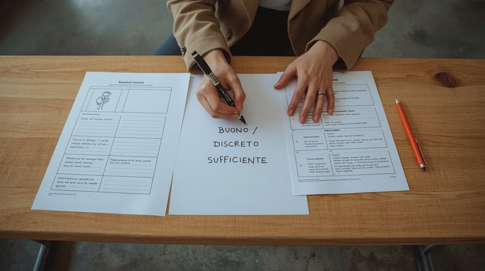 Mani di un’insegnante compilano una scheda di valutazione su un banco; al centro è scritto “BUONO / DISCRETO / SUFFICIENTE”, con altri moduli e una matita rossa accanto.