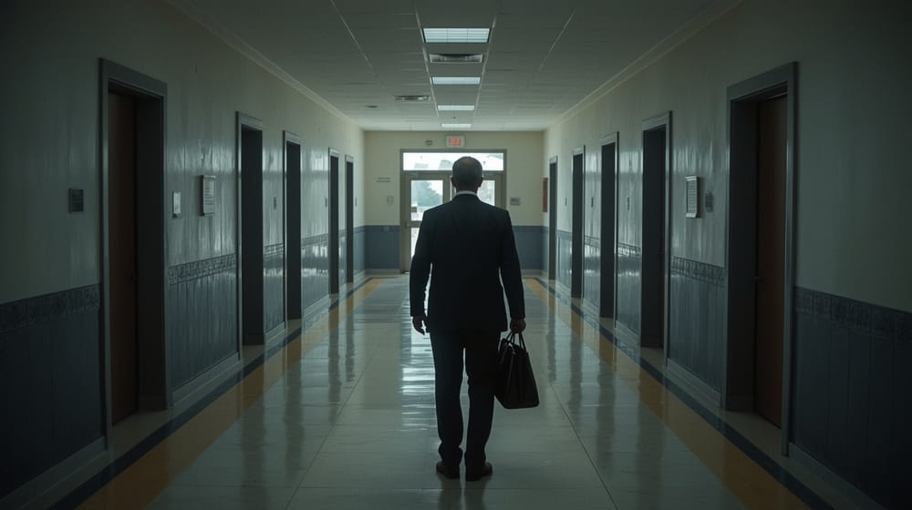 Figura di spalle senza volto in un corridoio di scuola italiana, con cartellina e chiavi in mano, davanti alla porta dell’ufficio di dirigenza.