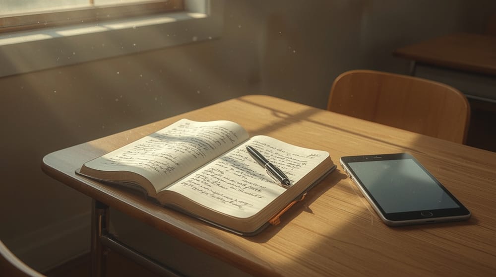 Banco di scuola con quaderno scritto a mano e penna, accanto un tablet spento, luce naturale dalla finestra, atmosfera calda e nostalgica.