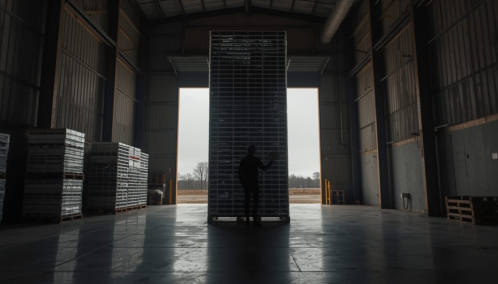 Interno di un grande capannone logistico: al centro una torre alta di pallet impilati davanti all’apertura luminosa del magazzino.