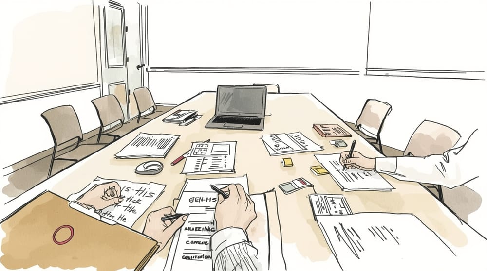 Illustrazione in stile reportage: mani di più persone attorno a un tavolo mentre annotano documenti e usano un evidenziatore; al centro un laptop aperto.