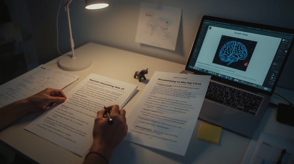 Scrivania illuminata da lampada con una persona che annota e confronta due fogli stampati, accanto a un laptop aperto.