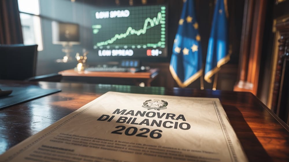 Primo piano di un documento “Manovra di Bilancio 2026” su una scrivania, con sullo sfondo un grafico di spread basso e bandiere dell’Unione Europea.