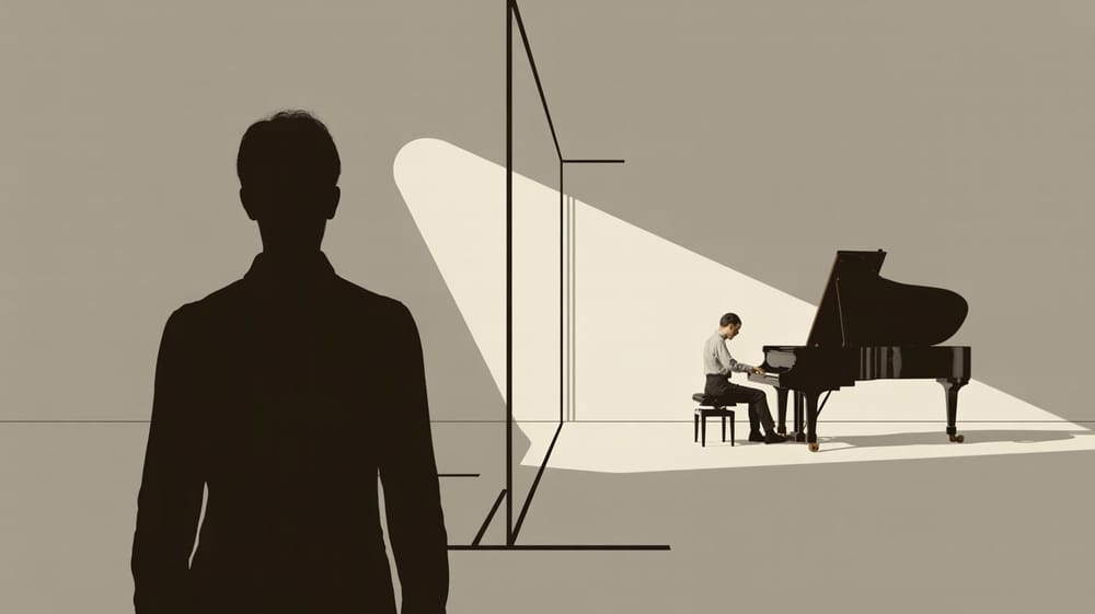 Uno studente adulto suona il pianoforte su un palcoscenico illuminato, mentre una figura in ombra osserva da dietro una parete trasparente.