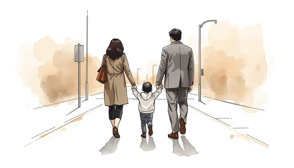 Una madre a sinistra e un padre a destra, visti di spalle, camminano tenendo per mano un bambino al centro lungo un marciapiede.