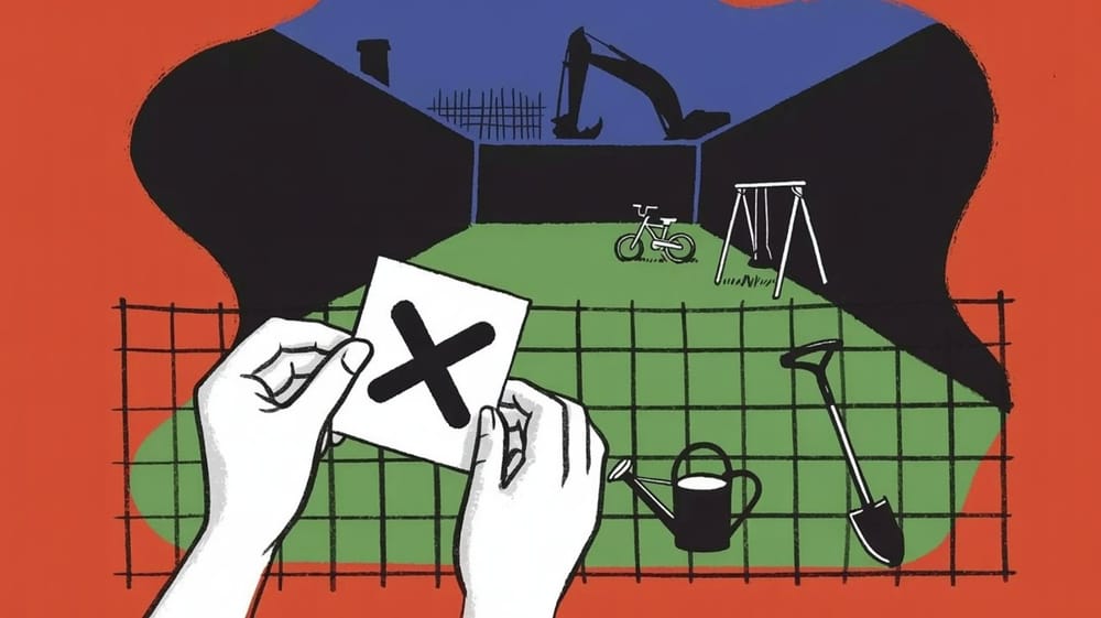 Mani in primo piano tengono un cartoncino con una grande X davanti a una recinzione; dietro si vede un cortile con prato, bici e altalena, più annaffiatoio e pala.