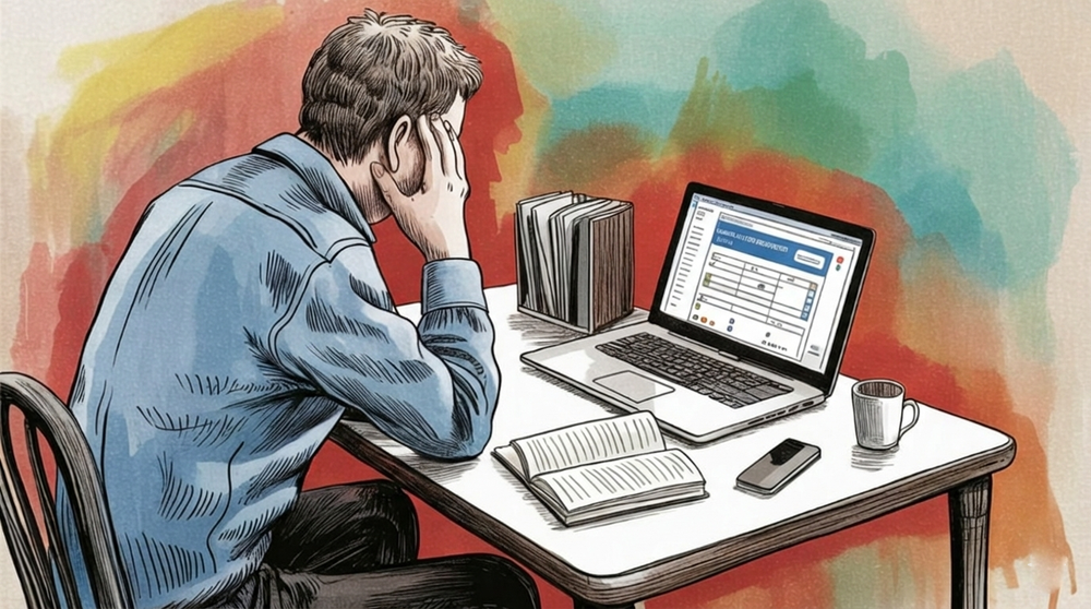 Illustrazione di uno studente lavoratore adulto seduto a una scrivania domestica, ripreso di spalle mentre studia da remoto su un laptop.