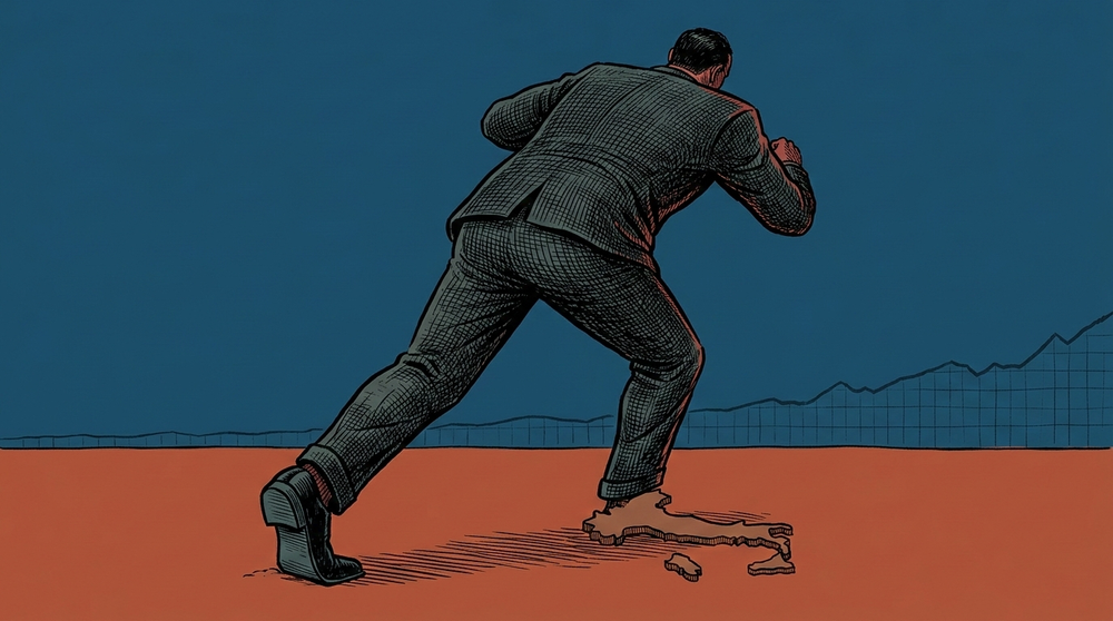 Illustrazione editoriale di un uomo in giacca e cravatta che cerca di avanzare mentre il terreno sotto un piede si sgretola, con un grafico economico sullo sfondo