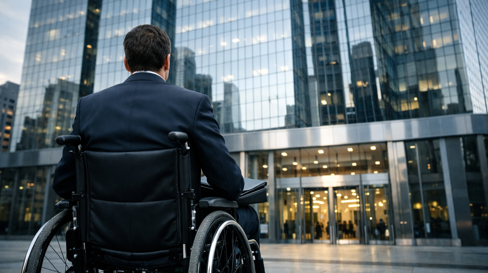 Professionista in sedia a rotelle visto di spalle davanti all’ingresso di un grande edificio aziendale in vetro.