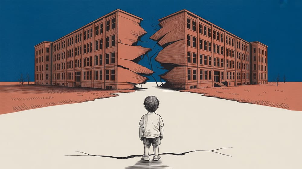 Illustrazione di un bambino di spalle davanti a un grande edificio scolastico diviso in due da una profonda spaccatura centrale.