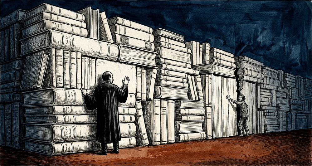 Illustrazione editoriale in stile Koren Shadmi: un avvocato in toga, visto di spalle, preme la mano contro un muro invalicabile di codici e volumi giuridici impilati. 