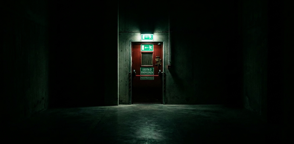 Alt text: Porta rossa di uscita di emergenza illuminata in un corridoio buio, con cartello verde luminoso "Uscita di emergenza".