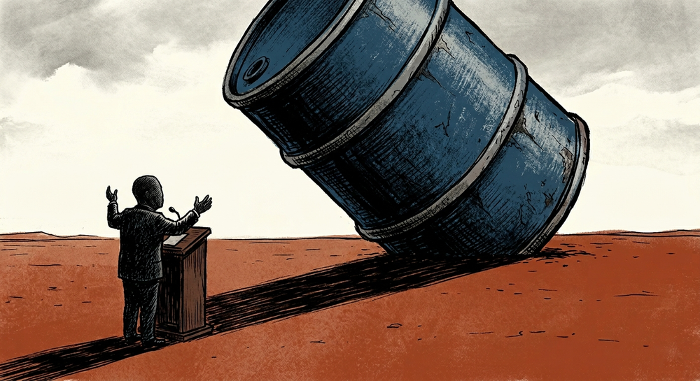 Illustrazione editoriale. Una figura scura in abito parla da un podio in una pianura arida, mentre alle sue spalle incombe un enorme barile di petrolio blu.