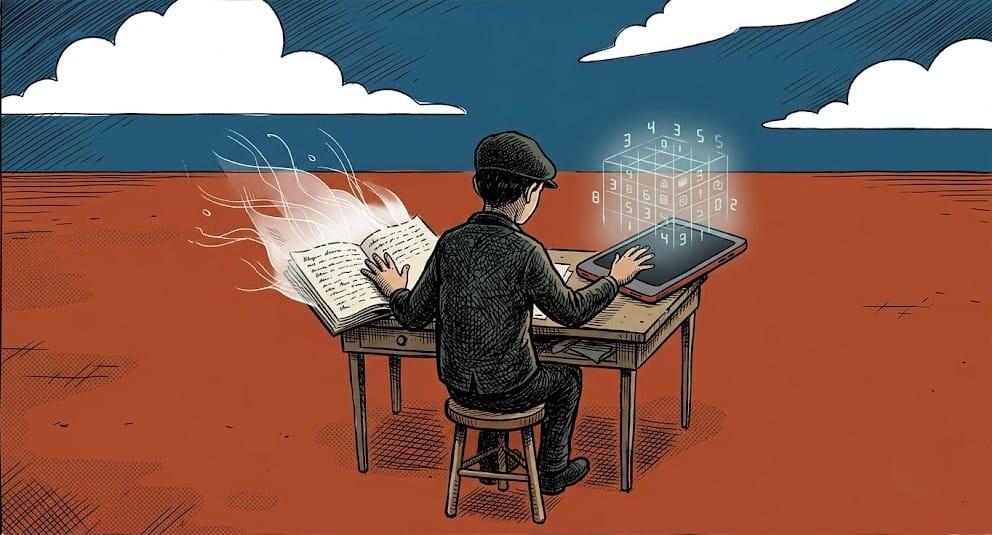Figura vista di spalle seduta a una scrivania, una mano su un diario di carta, l'altra su un tablet luminoso.