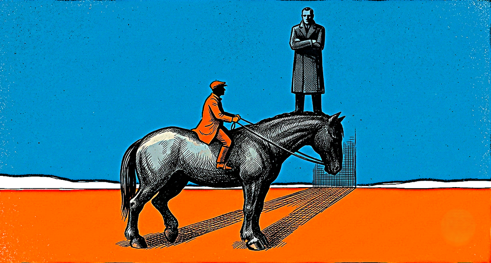 Un piccolo cavaliere in sella a un enorme cavallo scuro, sorvegliato da una figura rigida e senza volto.