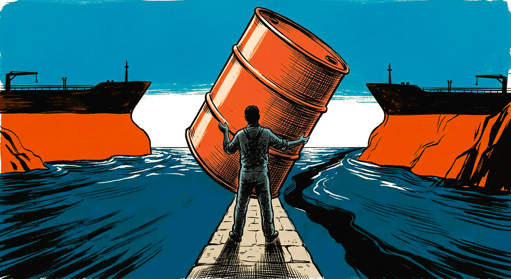 Una figura silhouette trattiene un enorme barile di petrolio in bilico su uno stretto marino, tra scogliere scure.