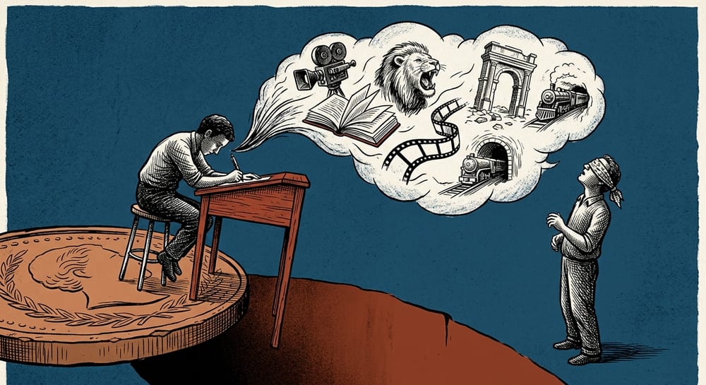  Una figura scrive a una scrivania in equilibrio su una moneta, mentre dalla penna si sprigiona un'immagine cinematografica.