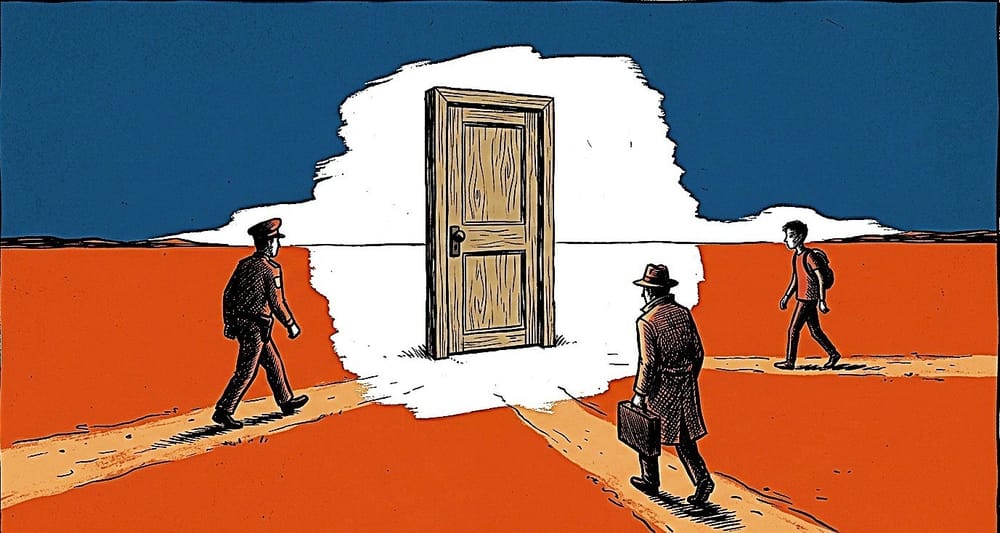 Una porta isolata in un campo aperto verso cui convergono tre figure silhouette da direzioni diverse.