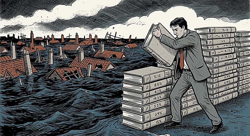 Un uomo in grigio impila libri contabili a formare un muro contro un'alluvione che sommerge un paese sullo sfondo.