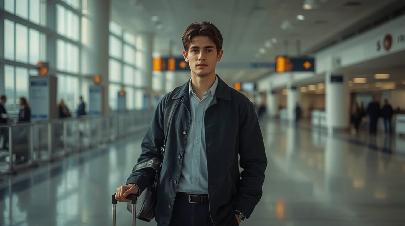 Giovane laureato italiano in aeroporto con valigia. Sfondo sfocato con tabellone delle partenze. Espressione riflessiva, atmosfera realistica e documentaristica.