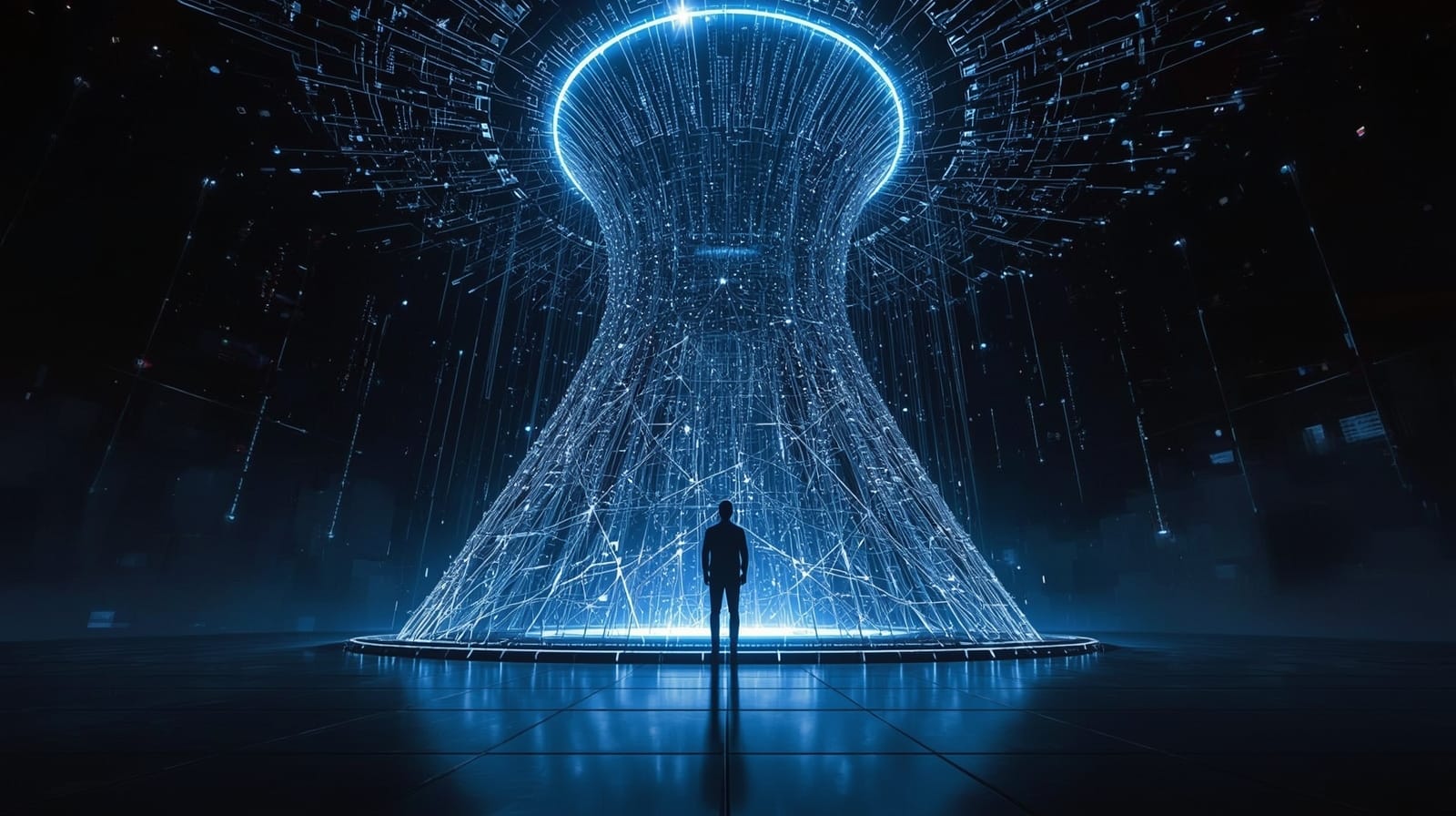 Figura umana davanti a un’enorme struttura digitale luminosa che rappresenta una rete neurale in rapida crescita. atmosfera futuristica.