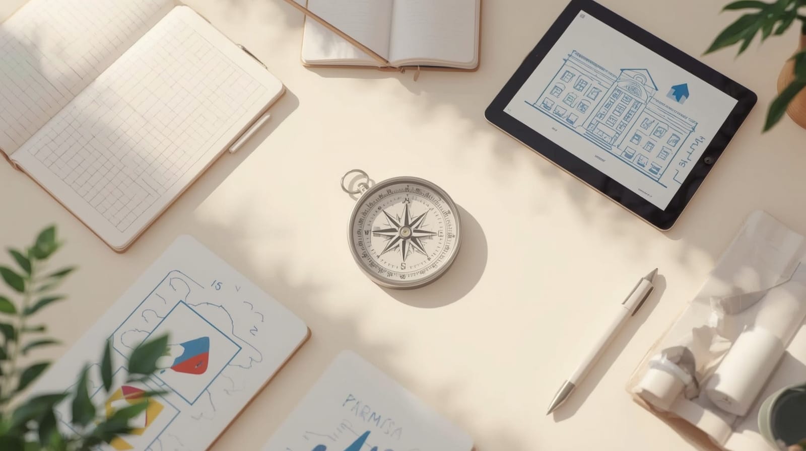 Illustrazione astratta iperrealistica con quaderni, frecce direzionali, icone STEM e bussola su sfondo neutro.