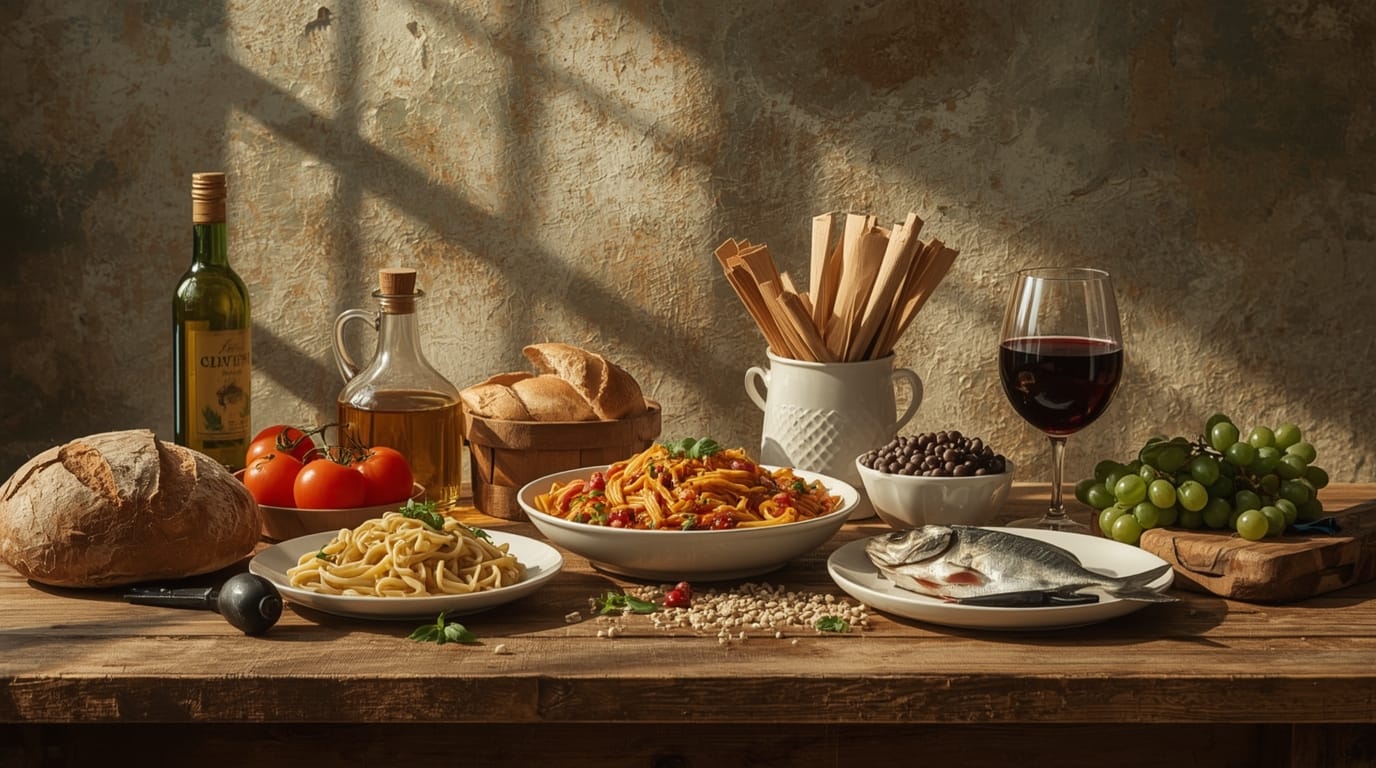 Tavola con olio d’oliva. pane. pasta. verdure e vino. alimenti tipici della dieta mediterranea.
