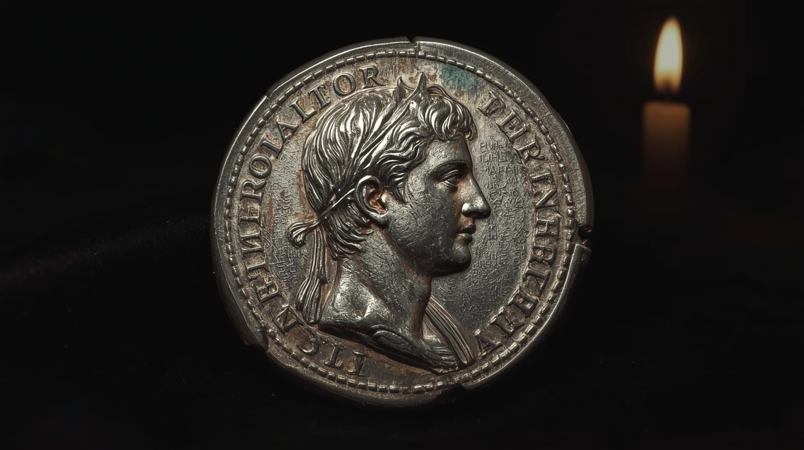 Moneta romana iperrealistica in primo piano. Il profilo dell’imperatore è scolpito in alto rilievo.