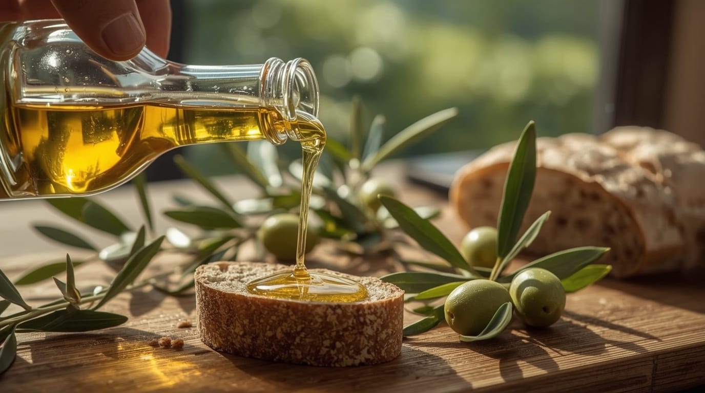 Primo piano iperrealistico di olio extravergine di oliva versato su una fetta di pane integrale, con olive e foglie su un tavolo di legno.