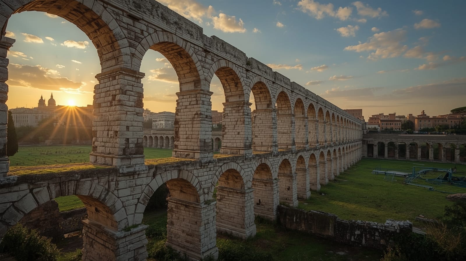 Arcate monumentali di un antico acquedotto romano in un paesaggio urbano moderno.