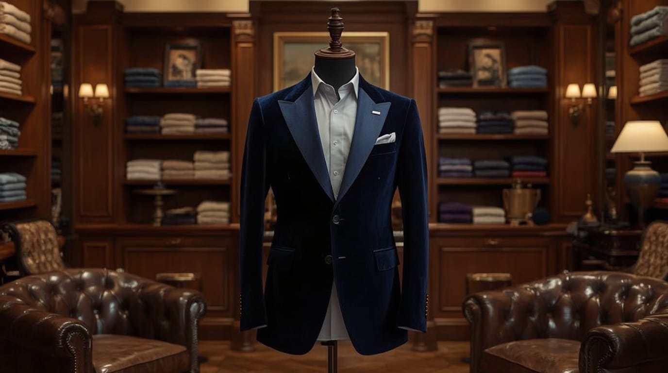 Smoking in velluto blu notte con revers in raso su manichino, in un’elegante sartoria di Savile Row.