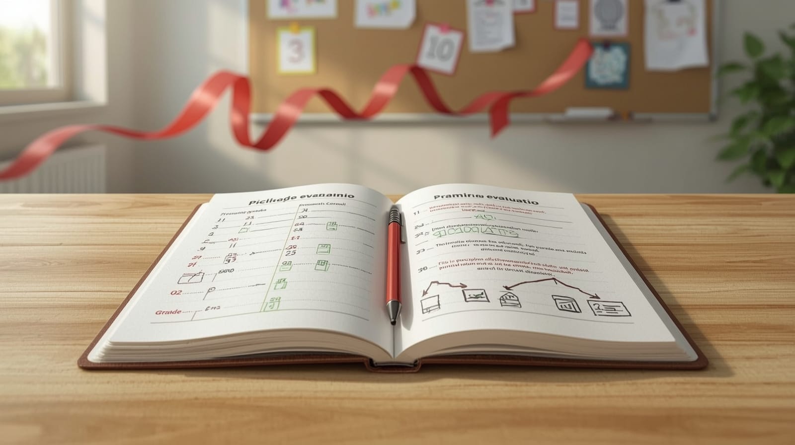 Un quaderno aperto su un banco mostra a sinistra voti numerici e simboli di giudizio.