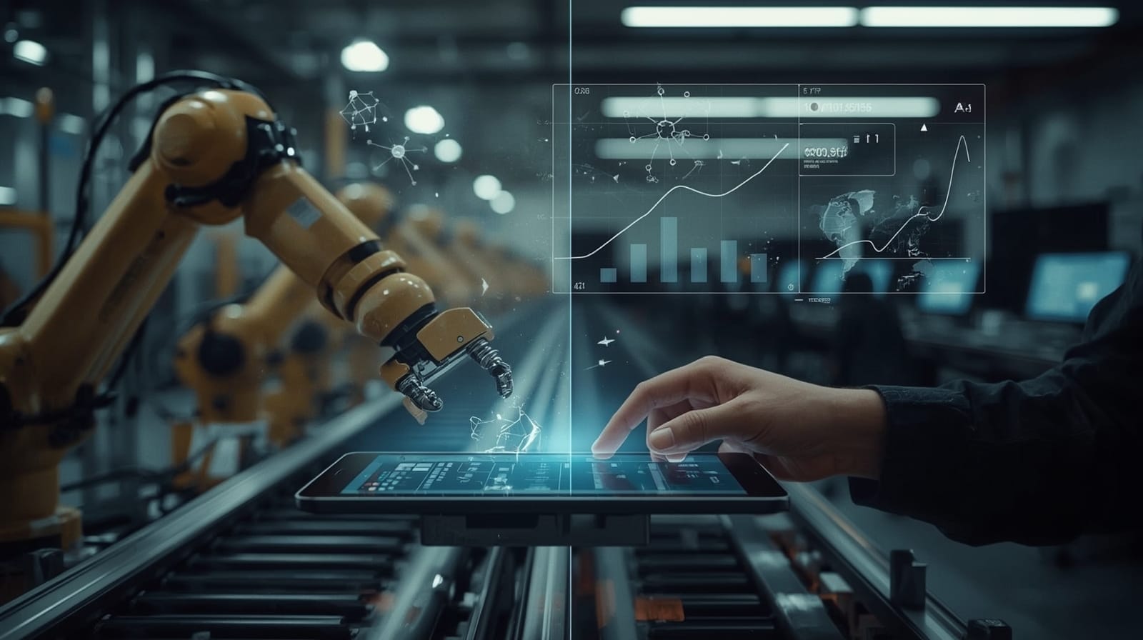 Mano umana e braccio robotico che collaborano su un banco di lavoro con overlay grafici astratti che richiamano AI e andamento del mercato del lavoro, senza volti visibili.