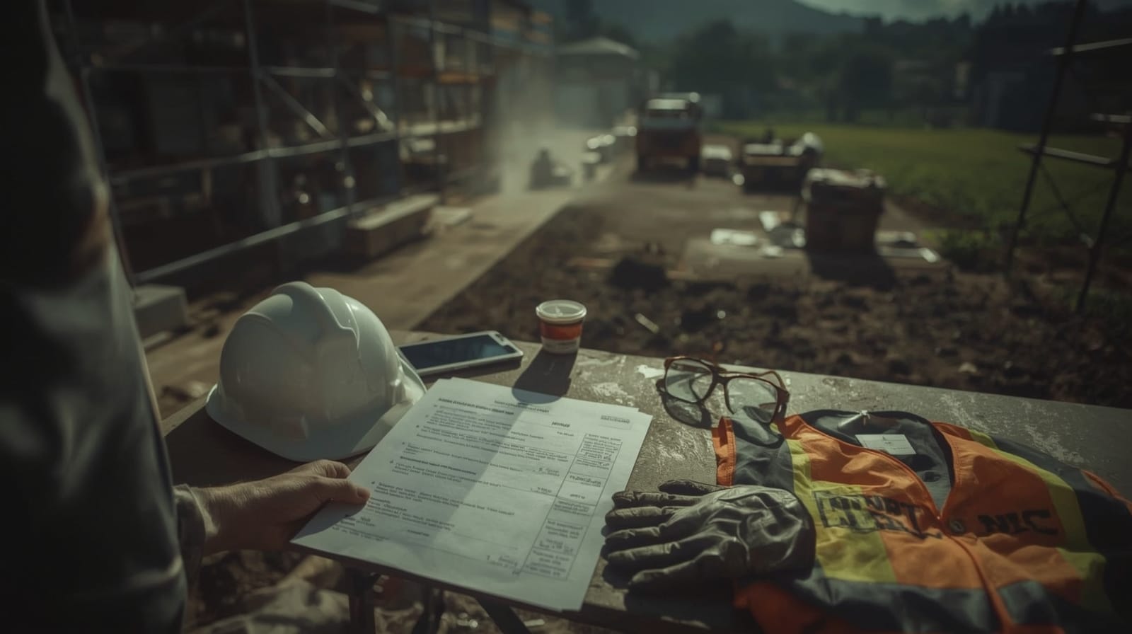 Foto in un cantiere: su un tavolo ci sono un casco, un gilet ad alta visibilità, guanti e un foglio di controllo tenuto in mano; sullo sfondo ponteggi e area di lavoro sfocata.