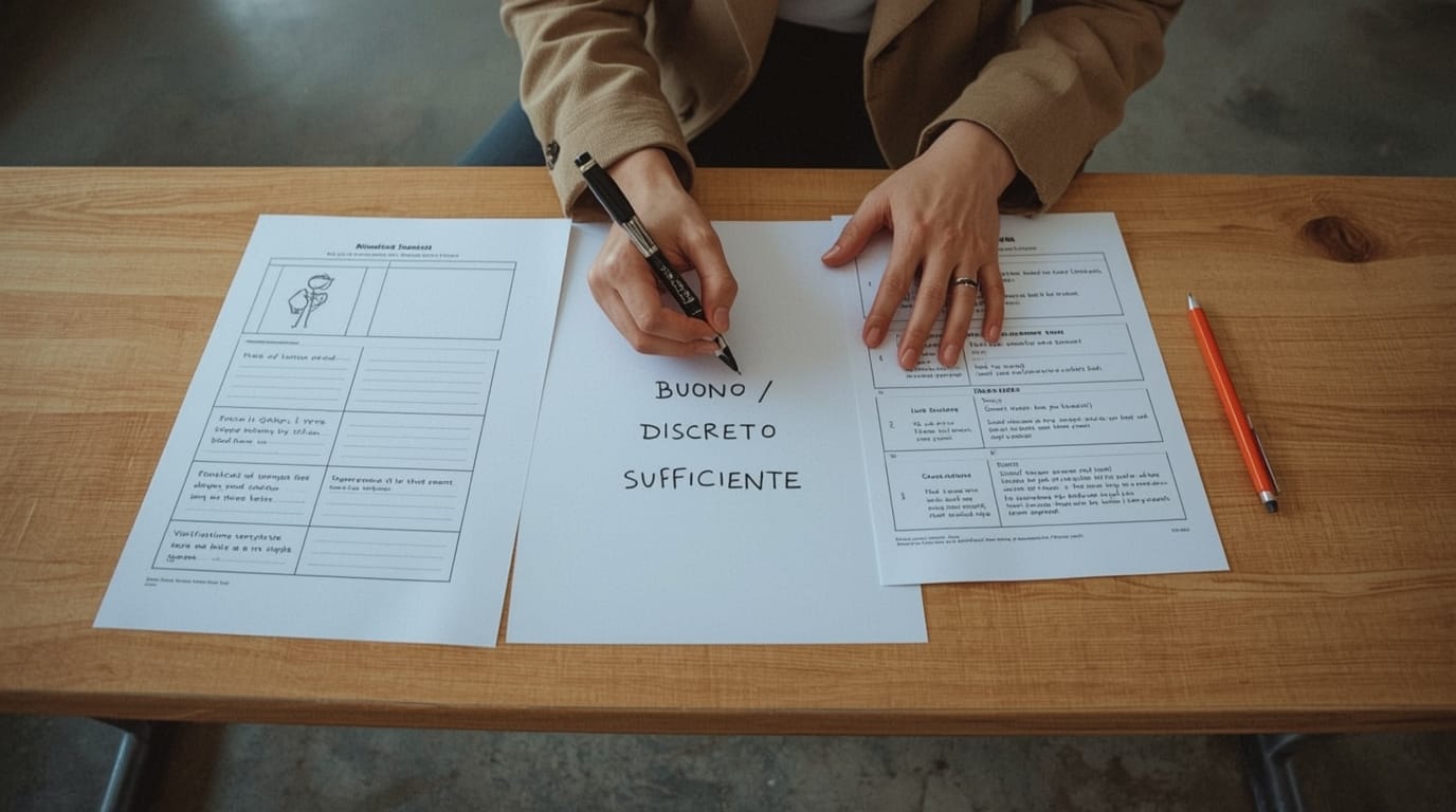 Mani di un’insegnante compilano una scheda di valutazione su un banco; al centro è scritto “BUONO / DISCRETO / SUFFICIENTE”, con altri moduli e una matita rossa accanto.