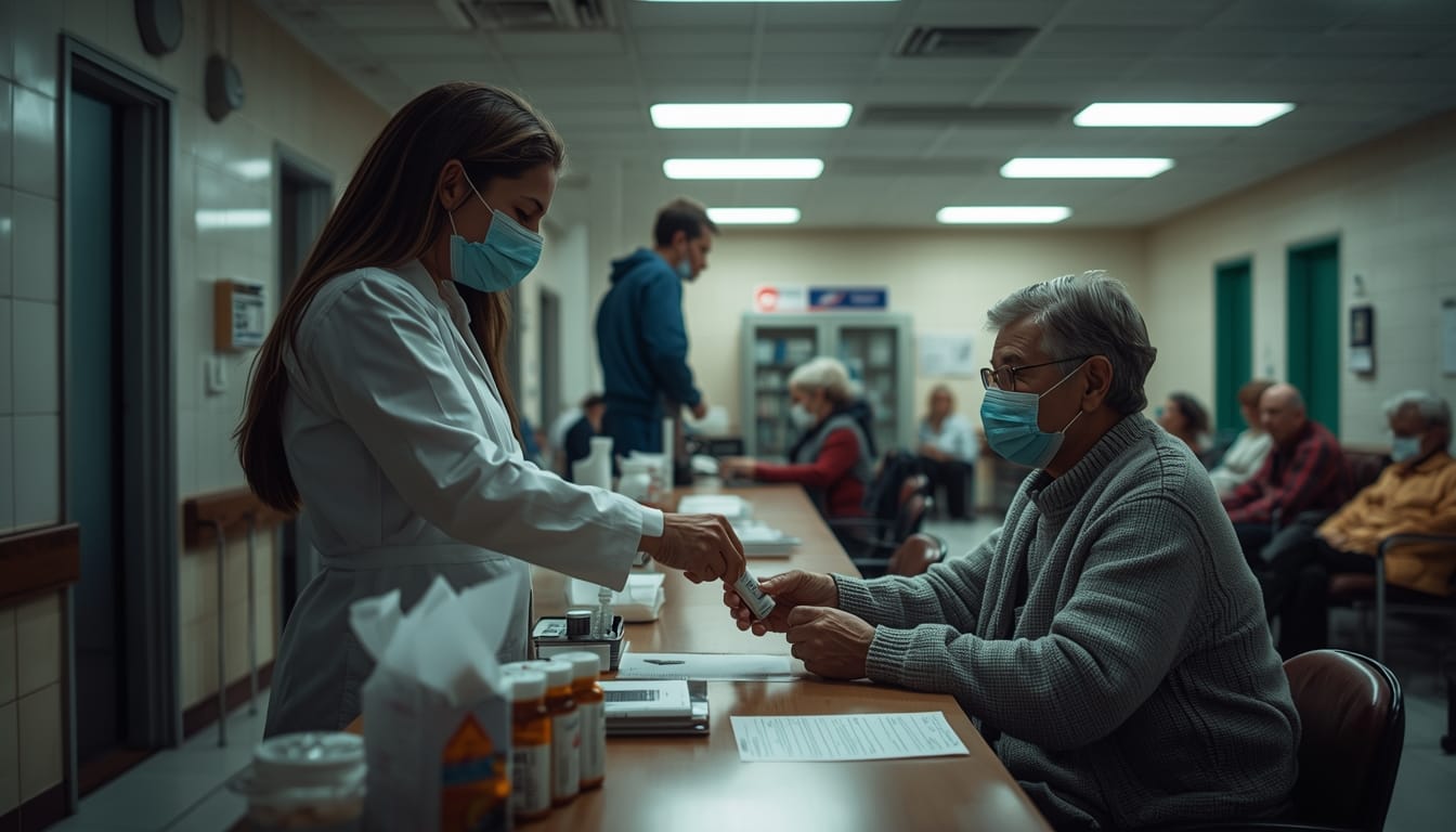Volontari consegnano farmaci e prescrizioni a una famiglia in difficoltà, con una sala d’attesa ospedaliera affollata sullo sfondo.