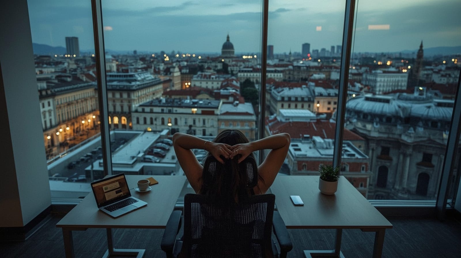 Persona di spalle su sedia d’ufficio con braccia dietro la testa, davanti a una grande finestra con vista sui palazzi da un piano alto.