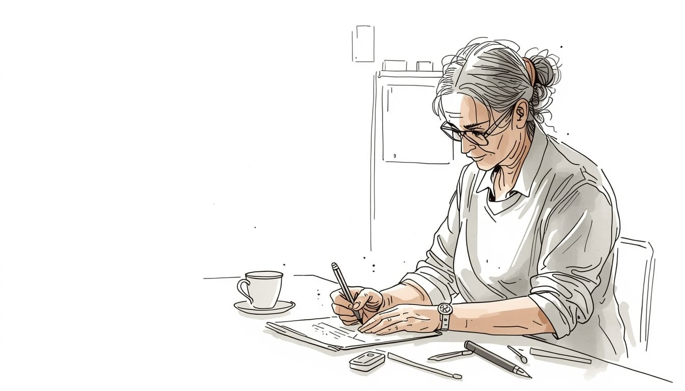 Illustrazione in stile china e acquerello: una donna seduta al tavolo scrive appunti con penna e fogli, con una tazza accanto e pochi oggetti sul piano.