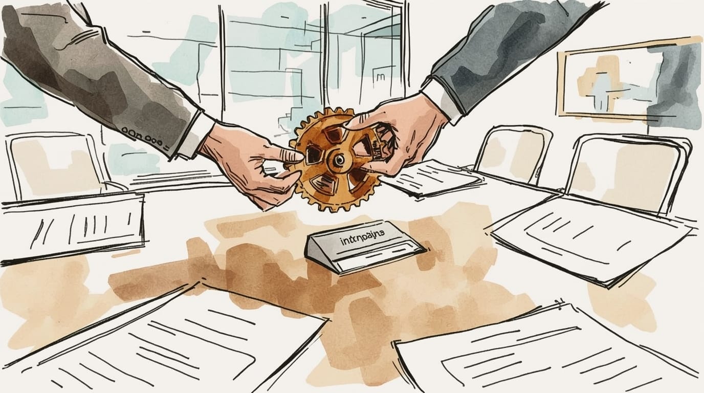 Due mani si scambiano un ingranaggio sopra un tavolo di riunione con documenti e sedie, a rappresentare la partecipazione dei lavoratori nella governance condivisa.