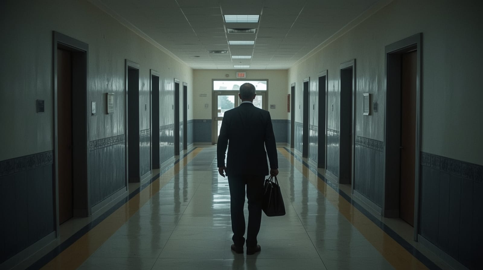 Figura di spalle senza volto in un corridoio di scuola italiana, con cartellina e chiavi in mano, davanti alla porta dell’ufficio di dirigenza.
