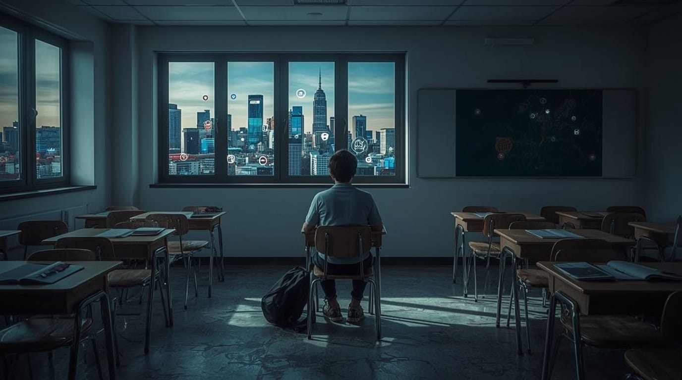 Aula scolastica semi vuota con banchi abbandonati e un solo studente, a simboleggiare la dispersione scolastica nell’era digitale.