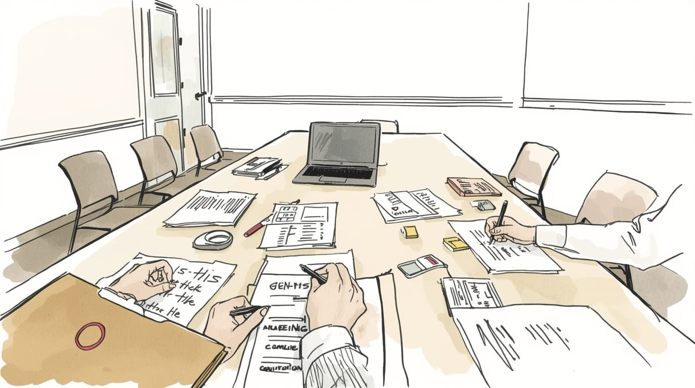 Illustrazione in stile reportage: mani di più persone attorno a un tavolo mentre annotano documenti e usano un evidenziatore; al centro un laptop aperto.