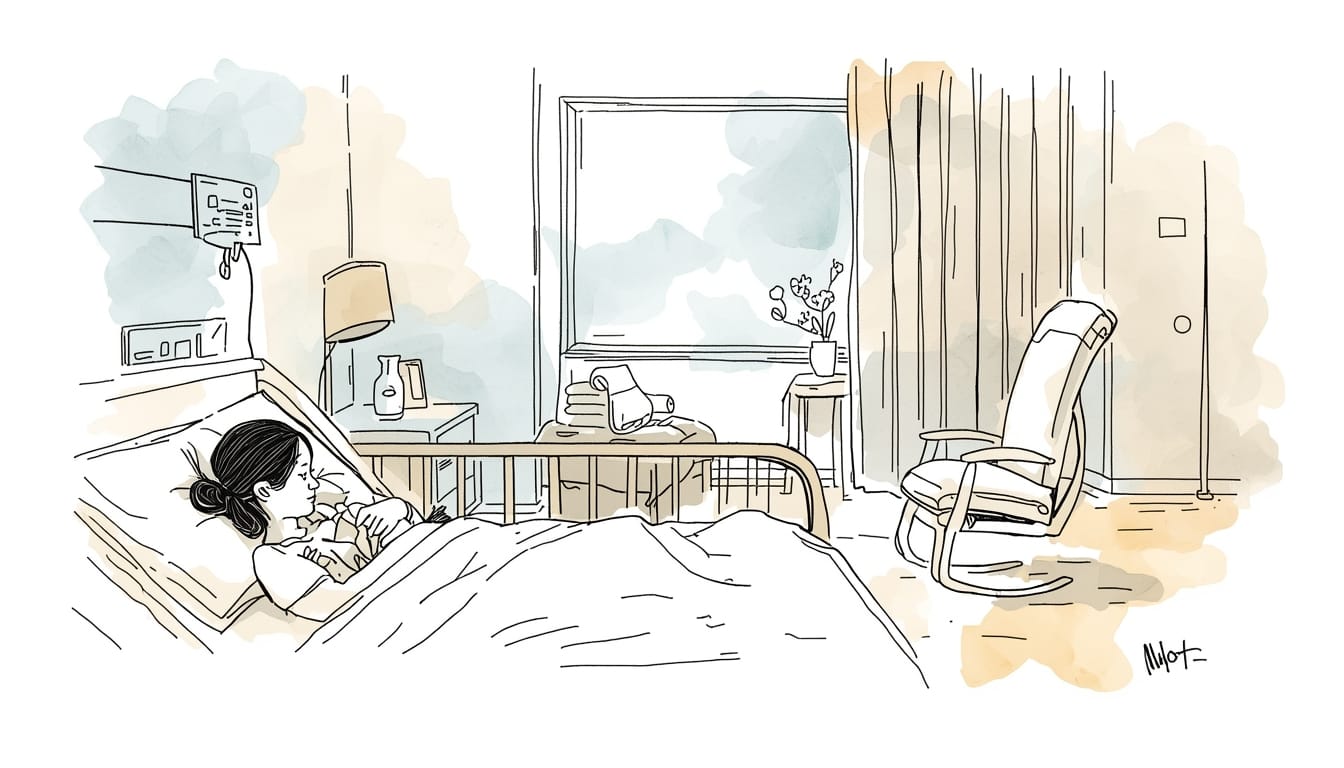 Illustrazione in stile china e acquerello di una stanza d’ospedale: una madre è a letto con il neonato accanto.