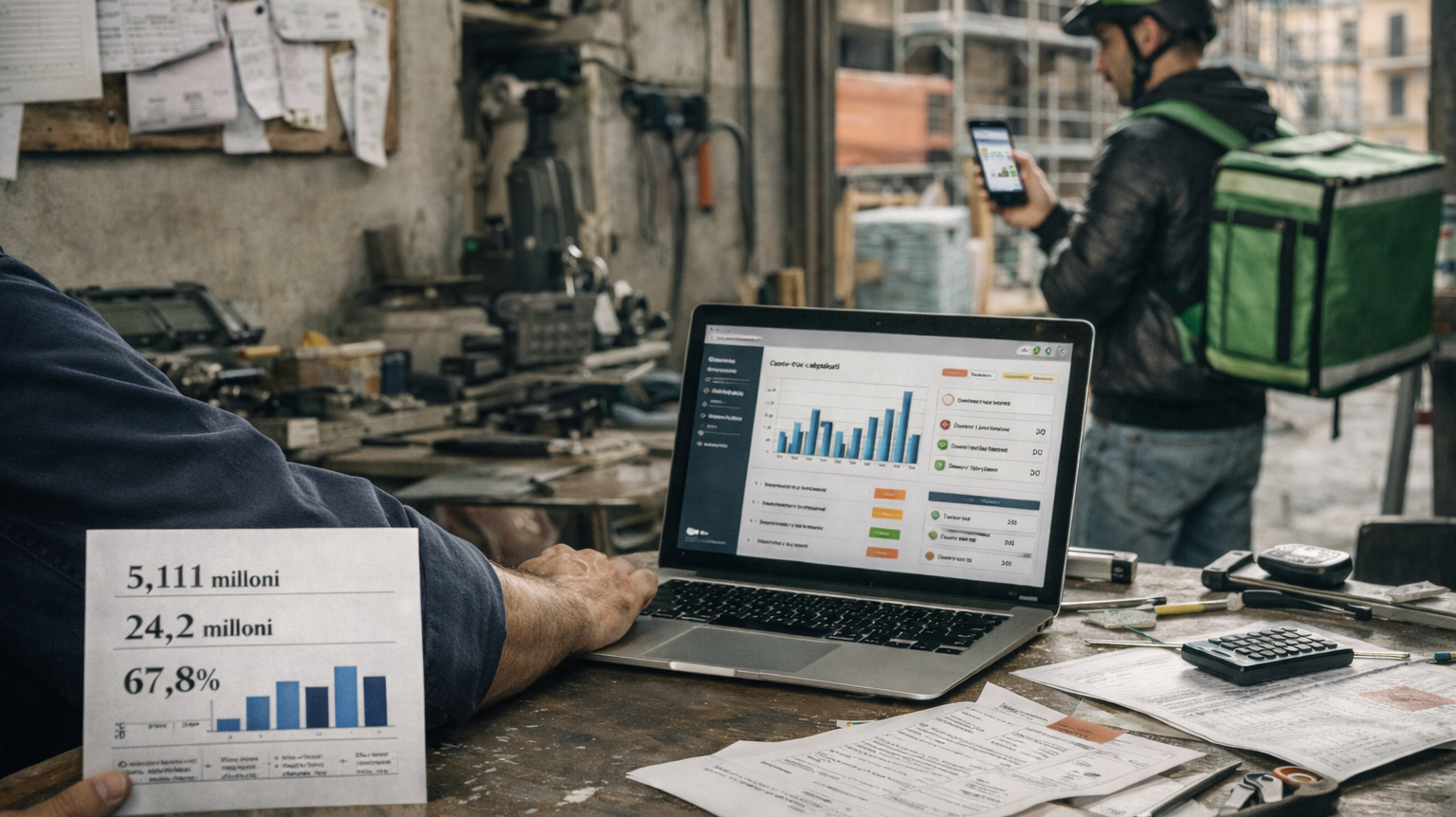 In un laboratorio artigiano, una persona lavora su un laptop con grafici e dashboard; sullo sfondo un corriere con zaino termico guarda lo smartphone.