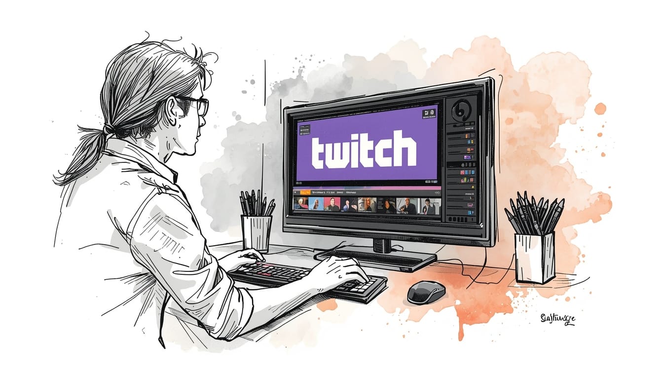 Persona al computer che guarda Twitch su un monitor, in un’illustrazione a linee con schizzi ad acquerello arancioni sullo sfondo.