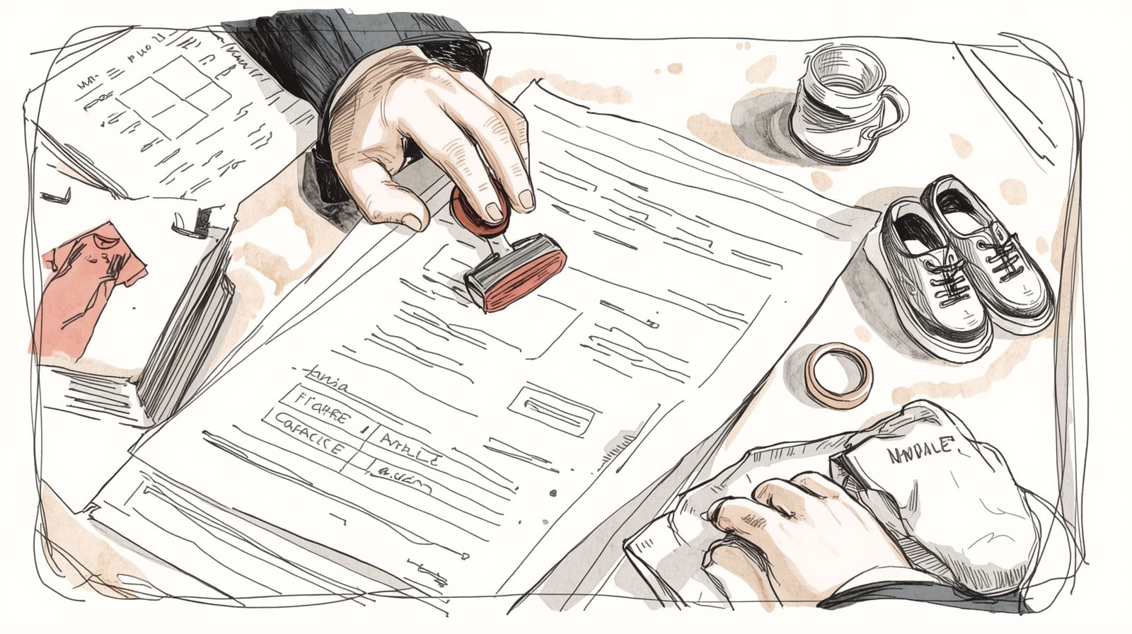 Mani su una scrivania stanno per timbrare moduli non leggibili accanto a una tutina e scarpine da neonato.